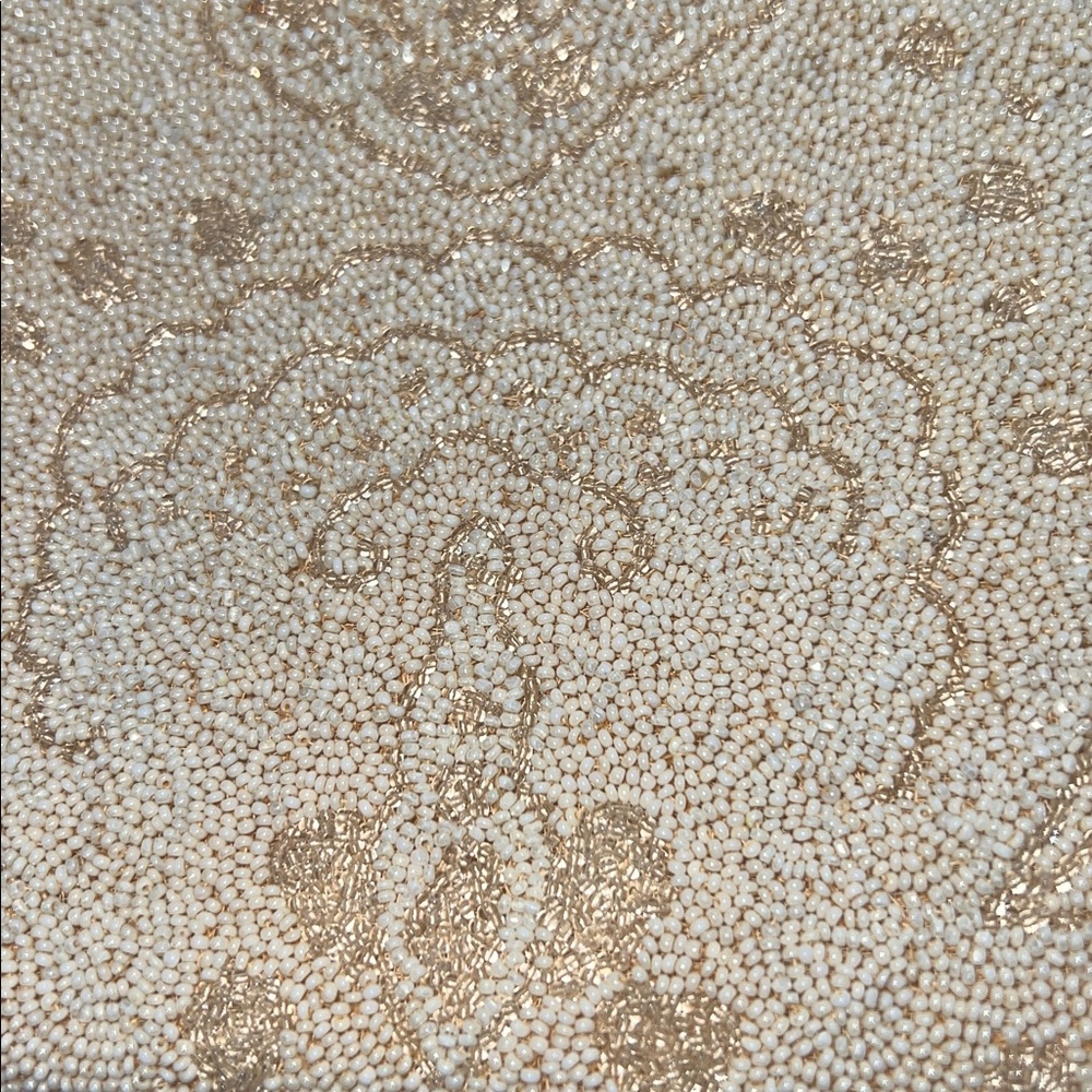 Vintage Intricately Beaded Evening Bag Cream Beige Gold Seed Bead Paisley Bird - Picture 15 of 16